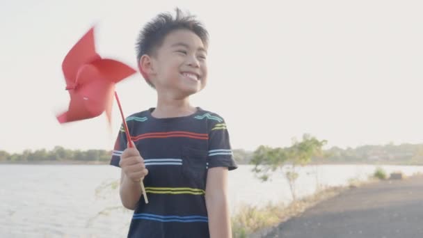 小さな風車や風車のおもちゃを手にした小さな畑で笑顔の小さな男の子が夏の日に公園の庭で手に — ストック動画