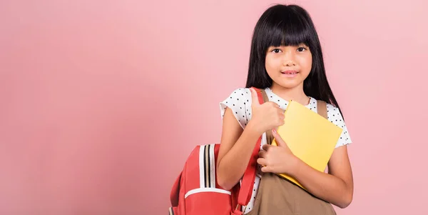 Asian Little Kid Years Old Backpack Staying Ready Back School — Stock fotografie