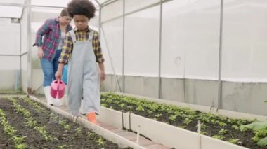 Anne ve oğul sulama tenekeleri bahçede sebzeler, onlara bakmak yardımcı olur, kadın ve çocuk birlikte ekme, sağlıklı yeme kavramı evde sebze yetiştirme