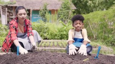 Bahçe çiftliğindeki bitkiler için çeşitli öğrenim ortamlarından mutlu çocuklar grup kızı ve oğlan ellerinde kara toprak, ekoloji ve tarım okulu eğitimi tutuyorlar.