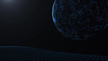 Plexus 'un Parçacık Dünyası. Parçacıkları ve pleksus yapı çizgileri ve noktaları olan soyut küre, uçan üçgenleri olan gelecekteki gezegen uzayı Dünya, Küresel İletişim, Küresel Harita