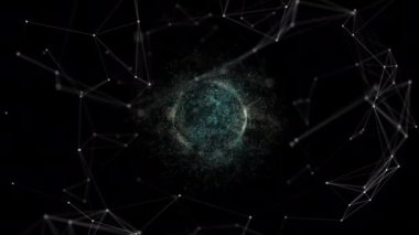 Soyut parçacıklar teknoloji dijital veri bağlantı merkezi yeşil güneş iletişimi çizgi pleksus dönüşümlü, 3d sosyal animasyon sosyal gelecek teknolojisi bilimsel küresel ağ kavramı