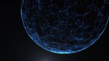 Plexus 'un Parçacık Dünyası. Parçacıkları ve pleksus yapı çizgileri ve noktaları olan soyut küre, uçan üçgenleri olan gelecekteki gezegen uzayı Dünya, Küresel İletişim, Küresel Harita