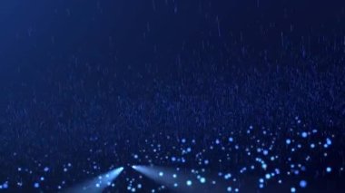 Mavi parçacıkların parçacıkları akıyor ve ışık saçıyor, fütüristik dikey çizgi ışınları yağıyor, teknisyen neon mavisi flaş ışığı