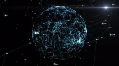 Plexus 'un Parçacık Dünyası. Parçacıkları ve pleksus yapı çizgileri ve noktaları olan soyut küre, uçan üçgenleri olan gelecekteki gezegen uzayı Dünya, Küresel İletişim, Küresel Harita