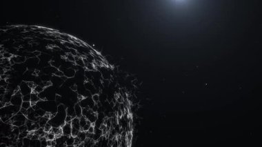 Dünya uzay gezegeni dünyasının soyut dijital pleksus teknolojisi, küresel iletişim ağı verilerini siyah arka planda parlayan güneşe bağlıyor ve yıldızlar dünyanın her yerine yayılıyor.