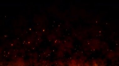 Soyut yanan kırmızı kıvılcımlar büyük ateş kıvılcımlarından uçar. Siyah zemin üzerinde uçan kıvılcımlar. Ateş parçacıkları alevlendirir.