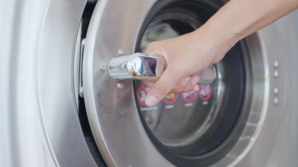Woman Hands Open Laundry Door Front Loading Washing Machine Housekeeping — Stock Video