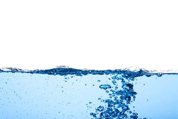 Abstract clean flow ripple surface on liquid. Light blue water wave with air bubbles and a little bit splashed underwater, studio shot isolated on white background