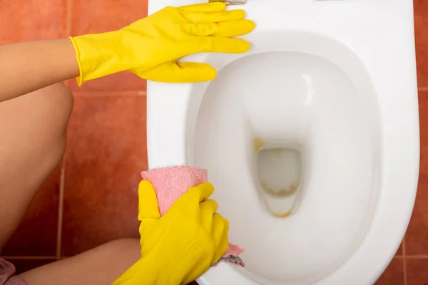 Mãos Mulher Asiática Limpando Assento Higiênico Por Pano Rosa Limpar — Fotografia de Stock
