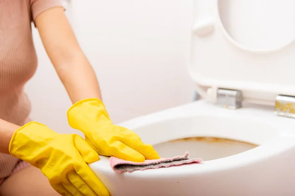 Las Manos Mujer Asiática Limpiando Asiento Del Inodoro Con Paño — Foto de Stock