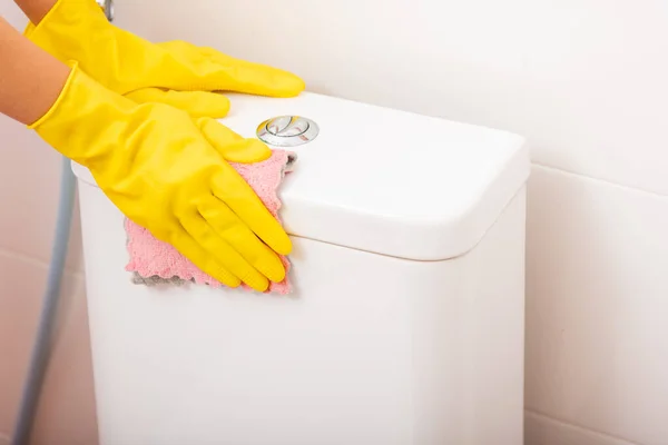 Hands Asian Woman Cleaning Toilet Seat Pink Cloth Wipe Restroom — Stock Photo, Image