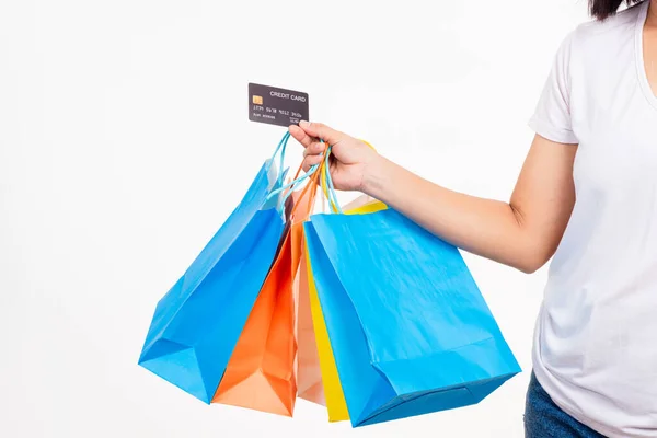 Happy Woman Hand Holding Shopping Bags Multicolor Credit Card Shopping — Stock Photo, Image