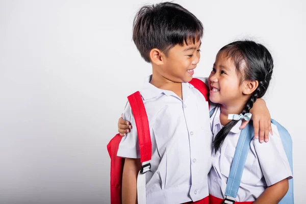 Dva Asijské Student Dívka Chlapec Školáci Bratr Sestra Úsměv Šťastný — Stock fotografie