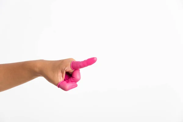 Woman Hand Wearing Pink Finger Cots Rubber Protect Help Prevent — Stock Photo, Image