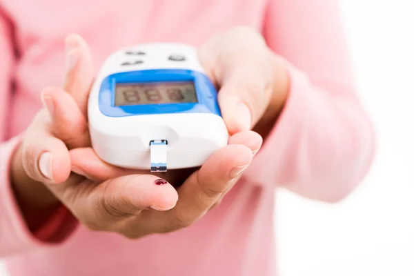 Nahaufnahme Hände Frau Messen Glukosetest Mit Blut Finger Von Glukometer — Stockfoto