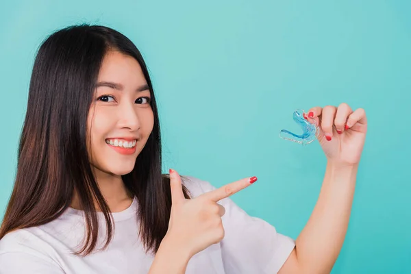 Portrait Young Asian Beautiful Woman Smiling Pointing Finger Silicone Orthodontic — Stock Photo, Image
