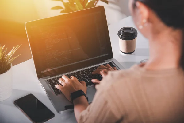 Web Application Development Programmer Woman Writing Program Code Sitting Workplace — Stockfoto