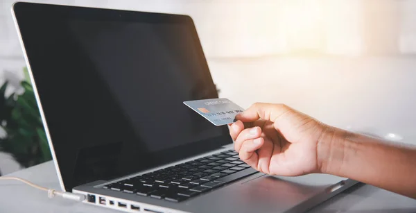 Female Register Credit Cards Computer Make Electronic Payment Security Online — Foto Stock