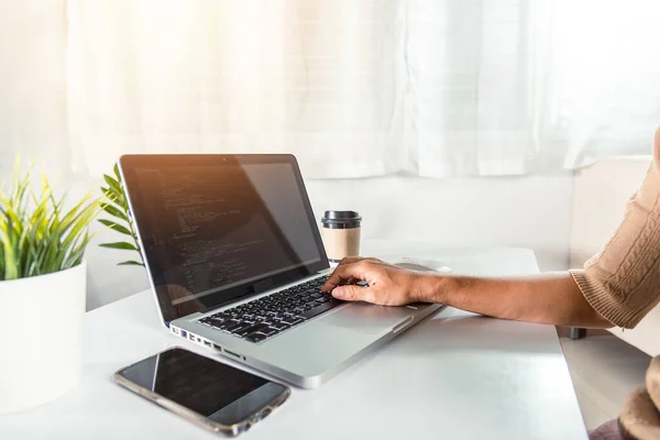 Web Application Development Programmer Woman Writing Program Code Sitting Workplace — Stockfoto