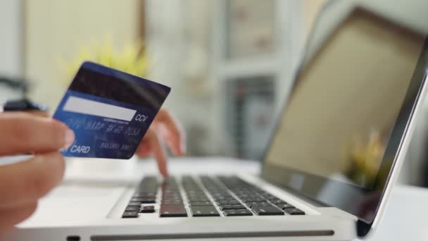 Vrouwelijke Register Credit Cards Computer Maken Elektronische Betaling Veiligheid Online — Stockvideo