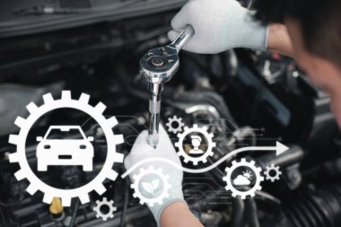 Service outdoor. Close up hands of auto mechanic man working on car engine using wrench to repair and maintenance, broken car care check and fixed the problem and services insurance