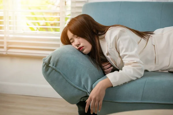 Tired Woman Sleeping Closed Eyes Sofa Living Room Home Overworked — Fotografia de Stock