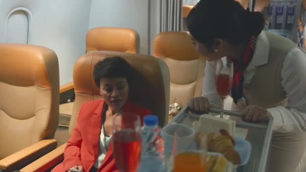 Charming Stewardess Uniform Flight Attendant Walking Aisle Serve Food Service — Wideo stockowe