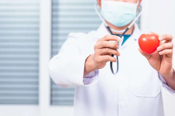 Beyaz Önlüklü Doktor Kırmızı Kalbi Incelemek Için Steteskobunu Elinde Tutuyor — Stok fotoğraf