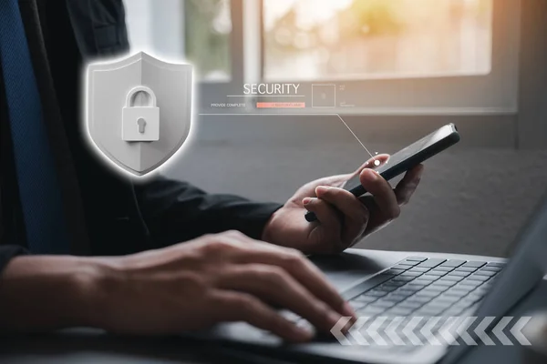 Security Technology App Business Man Work Laptop Computer Hold Smart — Stockfoto