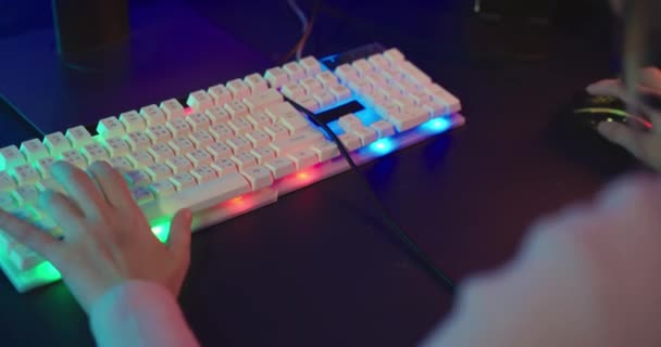 Close Gamer Hands Actively Pushing Buttons Colorful Neon Led Lights — 图库视频影像