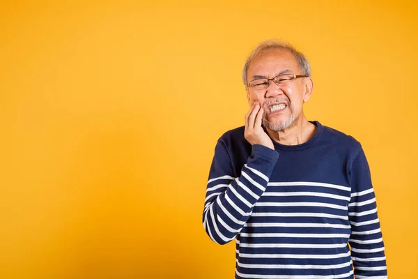Dental Pain Portrait Senior Old Man Sad Hand Touching Cheek — Foto Stock