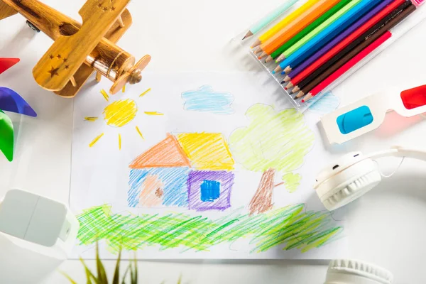 Детский Красочный Пейзаж Рисунок Мой Дом Мечта Белой Бумаге Ребенок — стоковое фото
