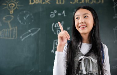 Education Back to school concept. Asian school girl in uniform with backpack on classroom pointing up finger on blackboard, primary child is standing front of class in school thinking of great ideas