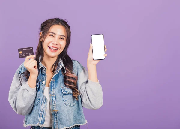 Porträt Der Asiatischen Schönen Jungen Frau Selbstbewusst Tragen Jeans Hemd — Stockfoto