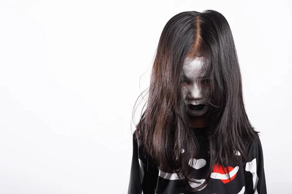 Asian Little Kid Girl Face Painting Hair Covering Face Woman — Fotografia de Stock