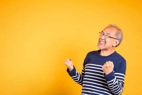 Portrait Smiling Senior Old Man Lifestyle Arms Raised Celebrating His — 스톡 사진