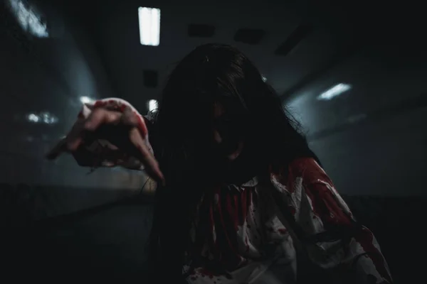 Bloody Halloween Makeup Asian Woman Zombie Blood She Death Scary — Fotografia de Stock