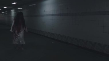 Korkunç zombiler hayalet gibi yürüyor. Asyalı kadın, hayalet, korkunç, tüylü, yüzü kan içinde terk edilmiş, karanlık tonda kamerayı takip eden, bayan makyaj zombisi, Cadılar Bayramı 'nız kutlu olsun.