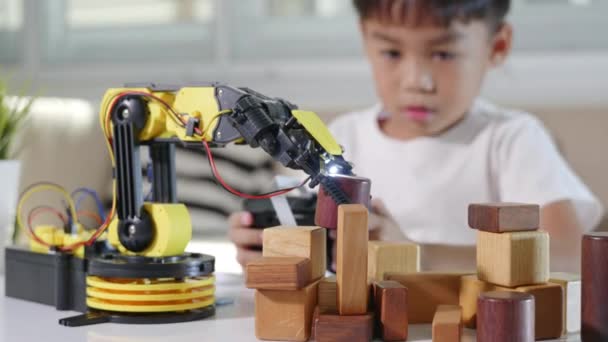 Uzaktan Kumandayla Tahta Bloğu Kaldırmak Için Robot Kolu Kullanan Mutlu — Stok video