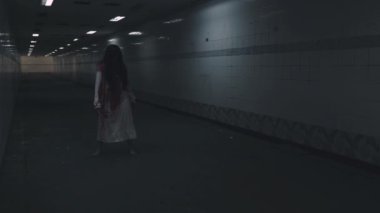 Korkunç zombiler hayalet yürüyüşü. Asyalı kadın makyajcı zombi, korkunç kadın korkunç korkunç kadın yüzü kanla kaplı terk edilmiş karanlık tonda kamerayı takip eden saçları var.