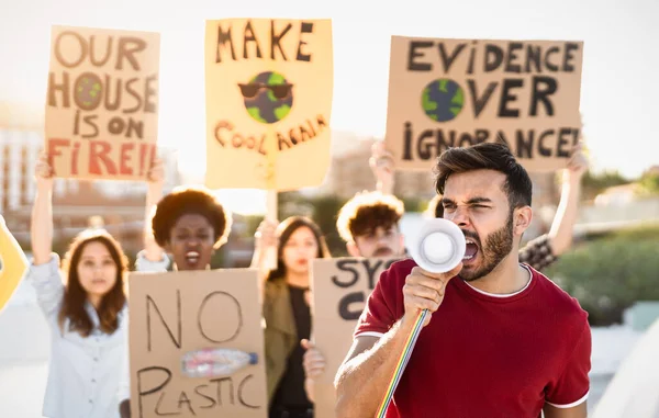Group Activists Protesting Climate Change Multiracial People Fighting Road Holding — Stock Photo, Image