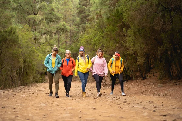 Grupo Mulheres Com Diferentes Idades Etnias Divertindo Andando Floresta Nebulosa — Fotografia de Stock