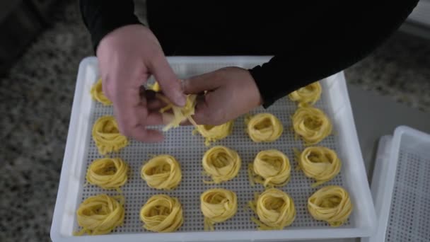 Close Male Hands Preparing Fresh Fettucine Pasta Factory — Stock Video