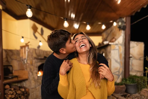 Happy Smiling Hispanic Mother Having Tender Moment Son Family Love — Stock Photo, Image