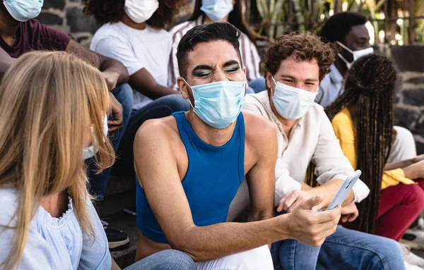 Young Multiracial Group Friends Sitting Urban Stairs Wearing Surgical Mask — Stock Photo, Image