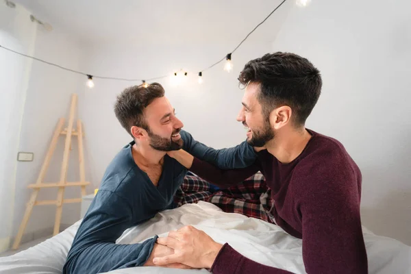 Happy Gay Couple Having Tender Moments Bedroom Homosexual Love Relationship — Stock Photo, Image