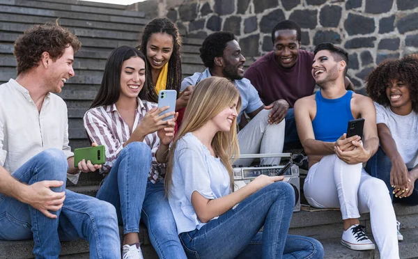 Young Multiracial Friends Having Fun Using Phone Listening Music Boombox — Stock Photo, Image