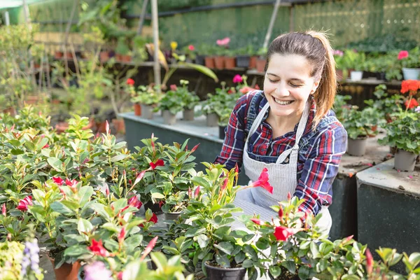 Mulher Feliz Cuidando Plantas Flores Mercado Jardim — Fotografia de Stock