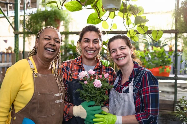 Happy Multirasial Perempuan Tukang Kebun Bekerja Tanaman Dan Bunga Toko — Stok Foto
